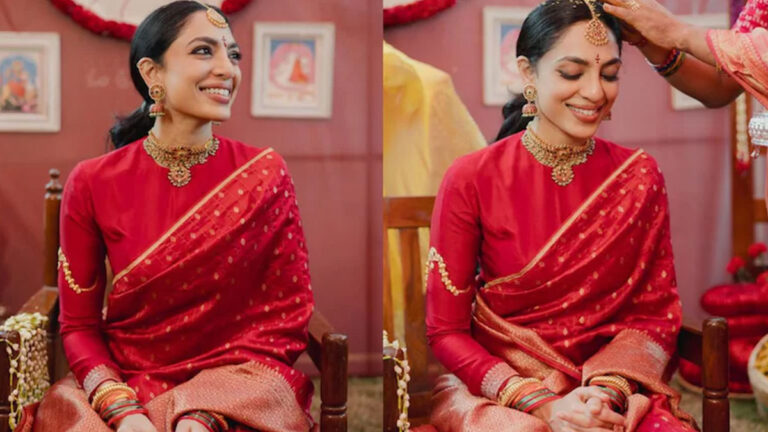 Sobhita Dhulipala shows off her beauty in a red saree at the Pelli Kuthuru ceremony